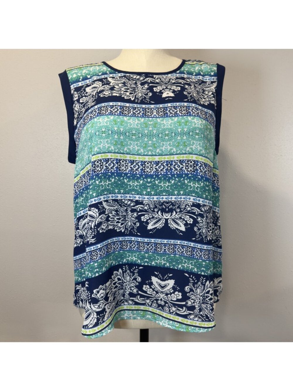 Zac & Rachel Slit Back Blouse Tank Size Large Floral Print Sleeveless Blue Teal
